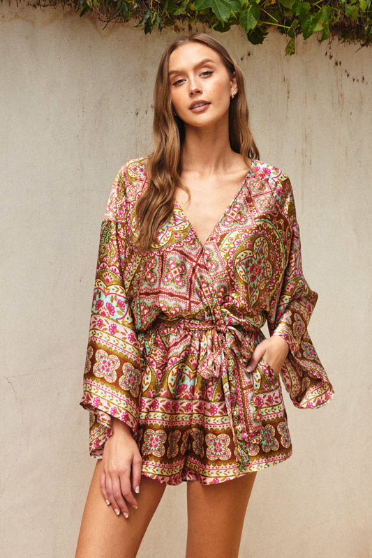 Rhegen Satin Floral Paisley Romper