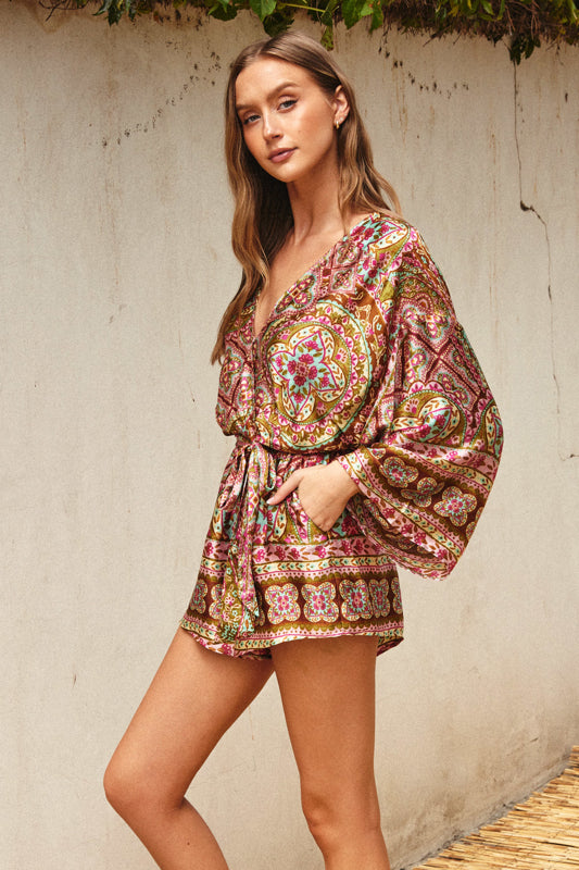 Rhegen Satin Floral Paisley Romper