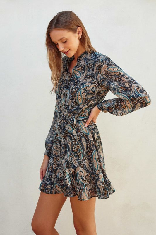 Gibson Paisley Button Down Dress in Teal/Charcoal