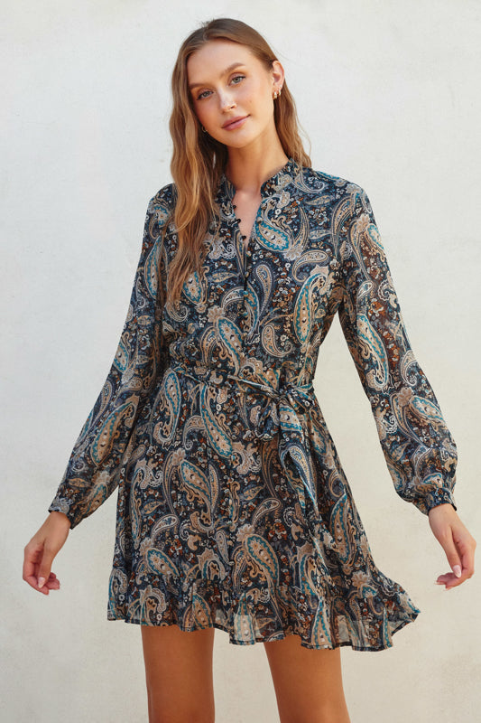 Gibson Paisley Button Down Dress in Teal/Charcoal