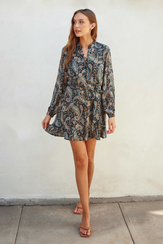 Gibson Paisley Button Down Dress in Teal/Charcoal