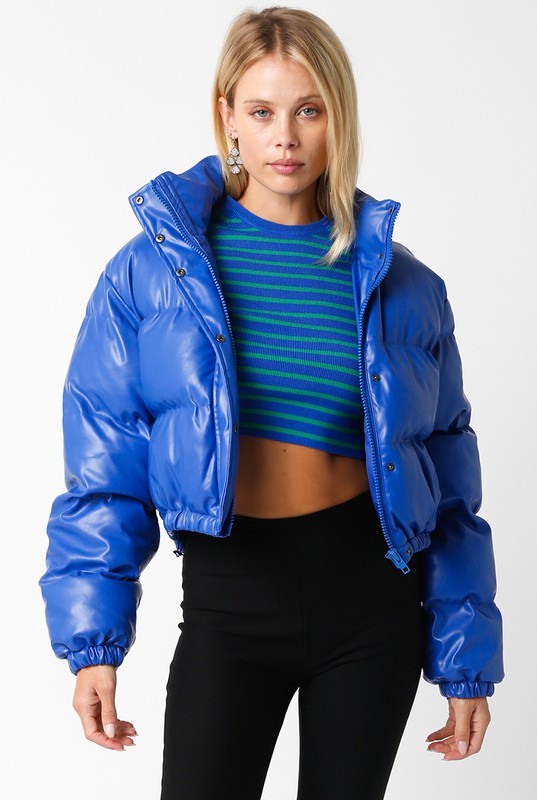 Bleecker Faux Leather Puffer Jacket in Royal Blue