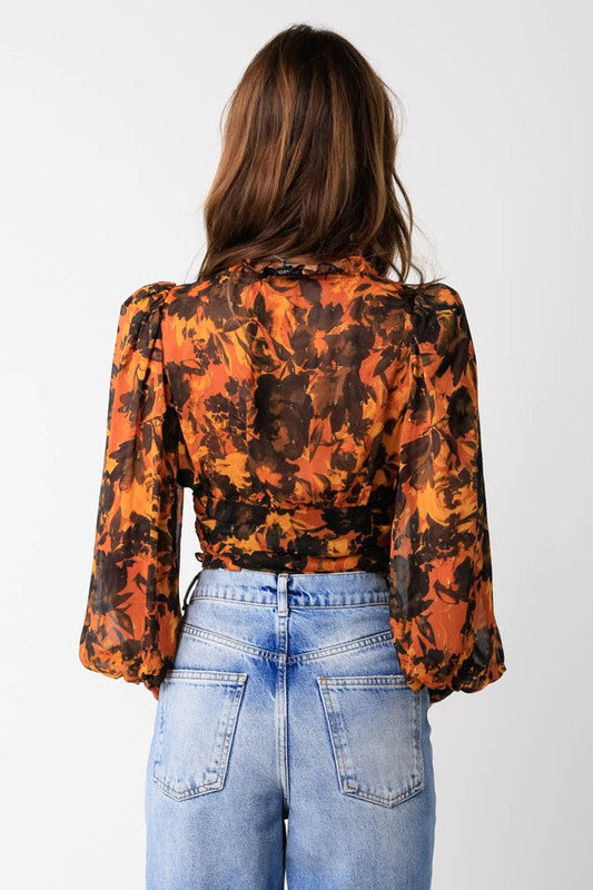 Eloise Ruffle Floral Top in Black/Orange