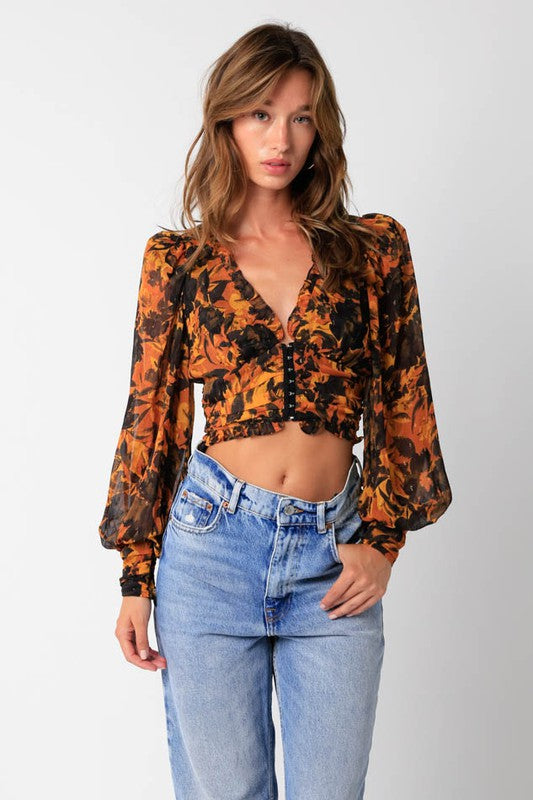 Eloise Ruffle Floral Top in Black/Orange