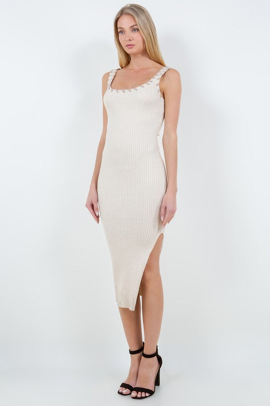 Maren Stitched Midi Sweater Dress in Cream/Tan