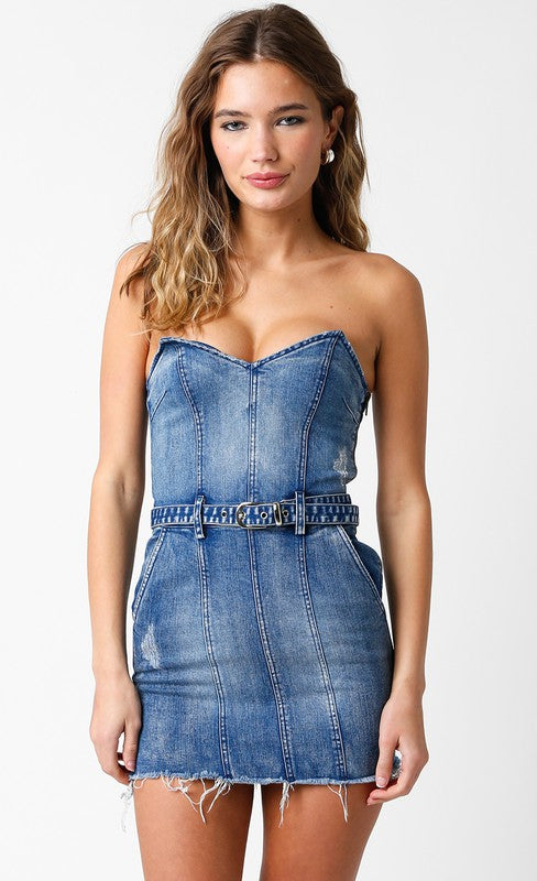 Derossi Belted Strapless Denim Dress