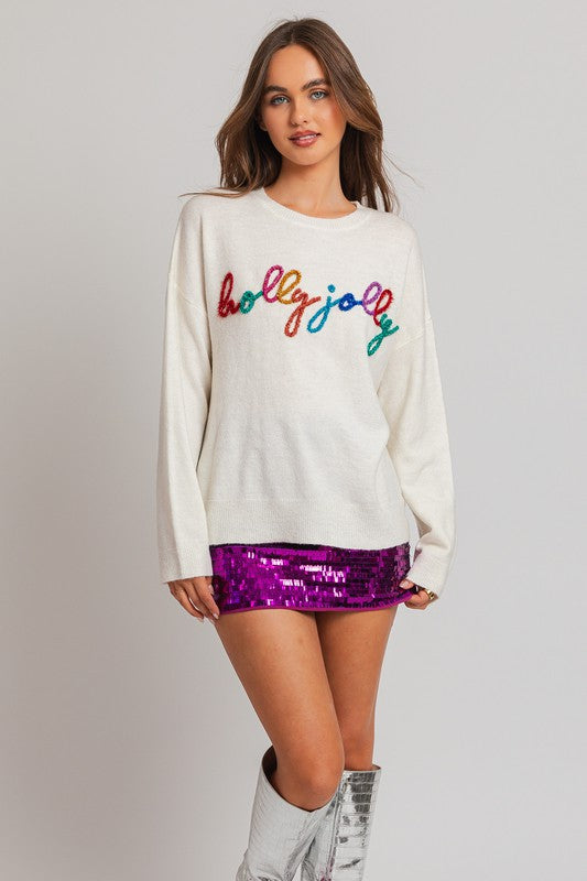 Holly Jolly Tinsel Embroidered Sweater