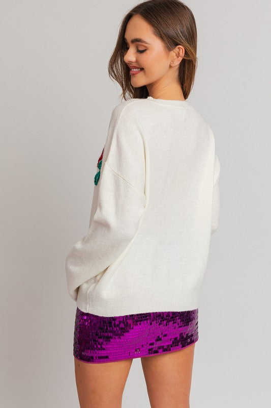 Holly Jolly Tinsel Embroidered Sweater