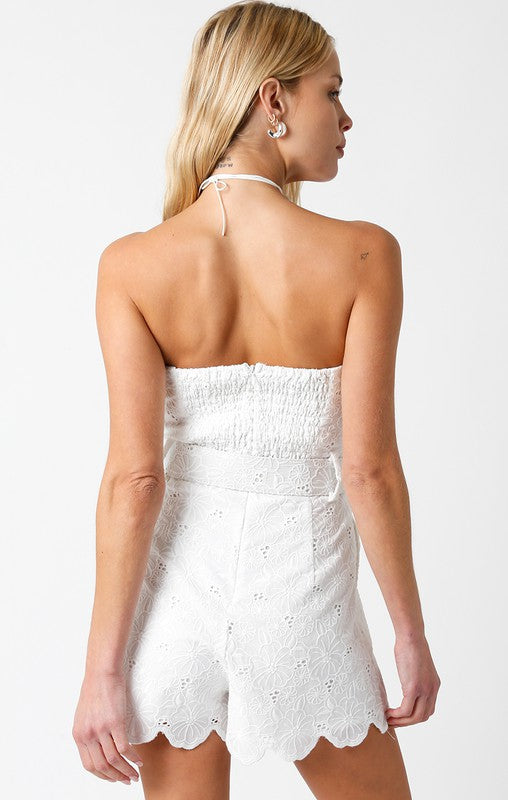 Gigi Eyelet Belted Romper in White