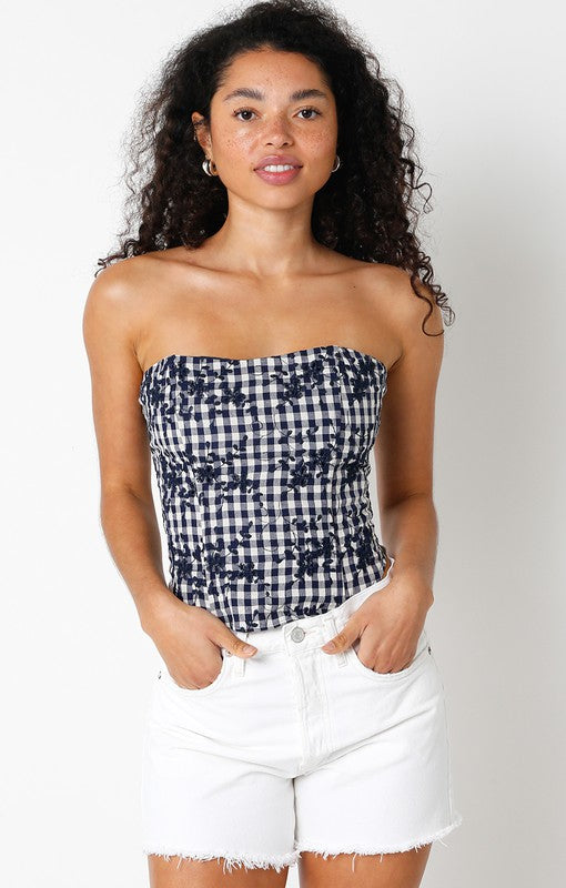 Lyla Floral Checkered Strapless Top in Navy