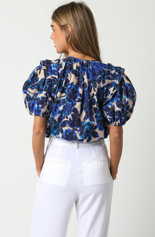 Laurel Floral Puff Sleeve Top in Blue/Beige