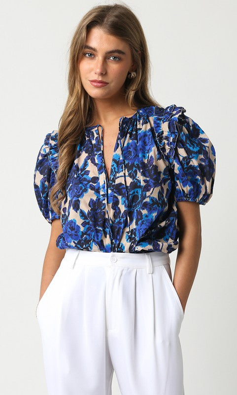 Laurel Floral Puff Sleeve Top in Blue/Beige