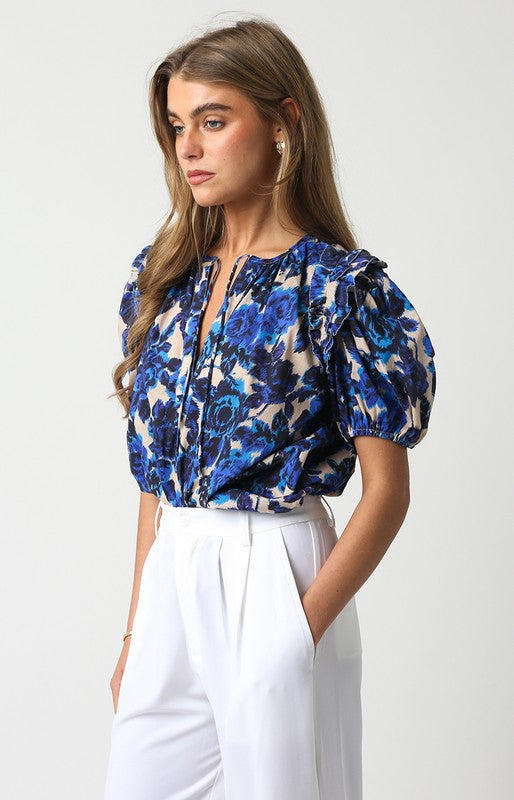 Laurel Floral Puff Sleeve Top in Blue/Beige