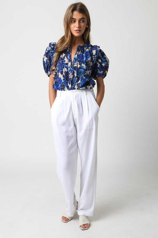 Laurel Floral Puff Sleeve Top in Blue/Beige