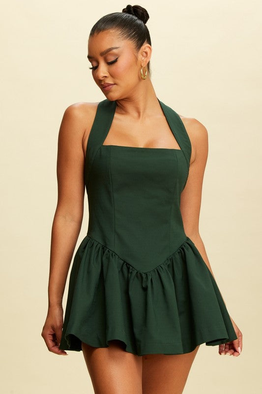 Nicolete Ruffle Halter Dress in Hunter Green