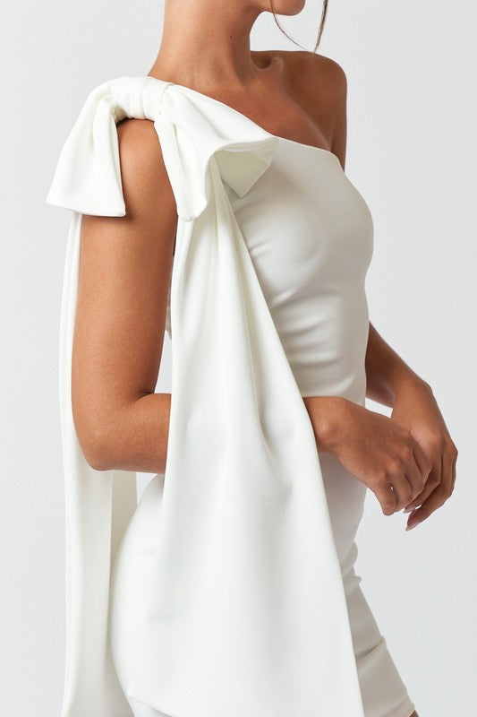 Clea One Shoulder Bow Dress in White