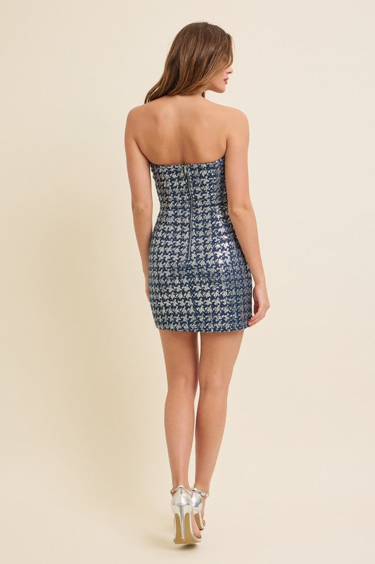 Parke Strapless Sequin Houndstooth Dress in Dark Denim