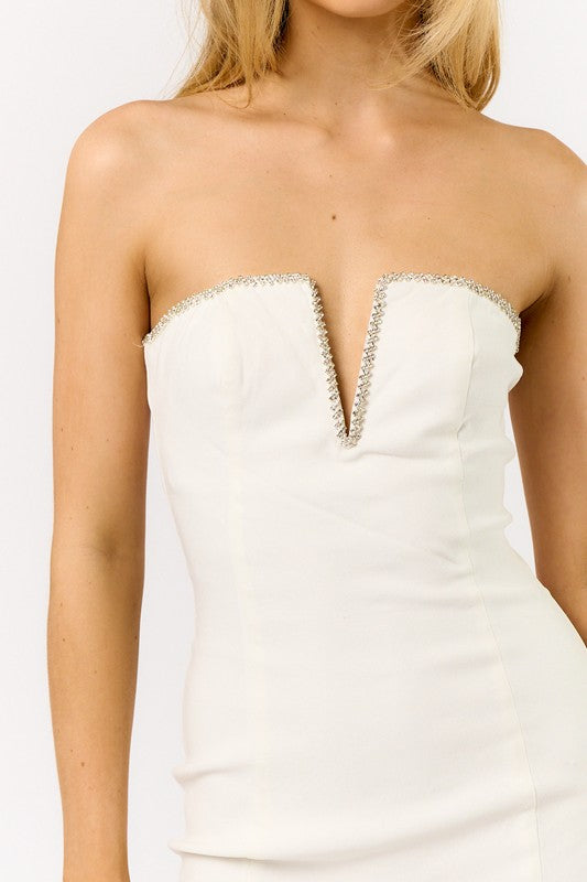 Vara Rhinestone Strapless Dress in White