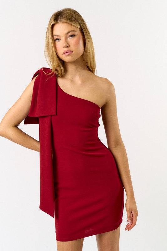 Clea One Shoulder Bow Dress in Red