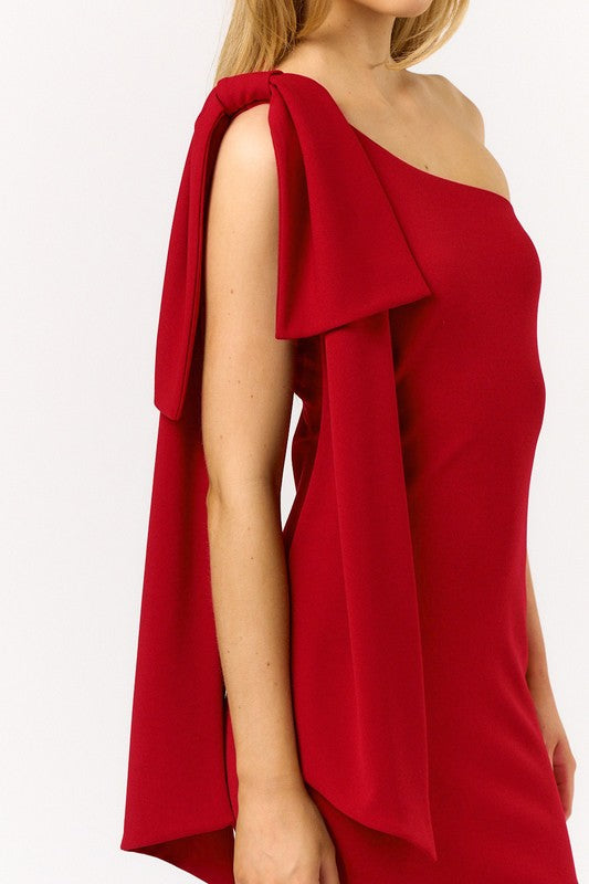 Clea One Shoulder Bow Dress in Red