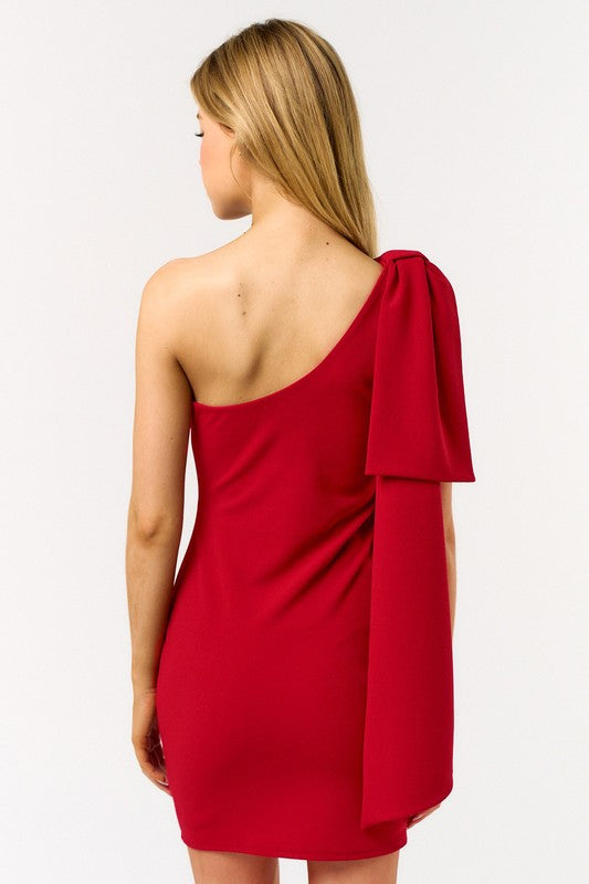 Clea One Shoulder Bow Dress in Red