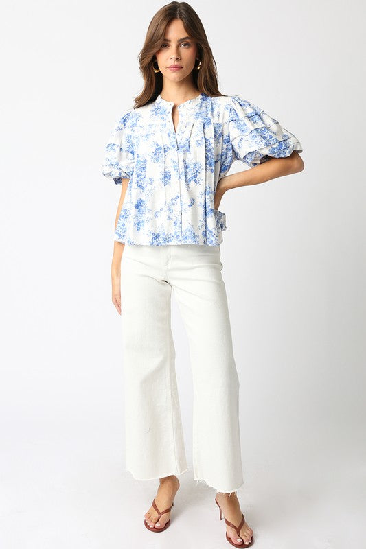 Cecily Floral Top in Blue/White