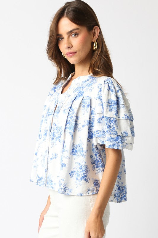 Cecily Floral Top in Blue/White