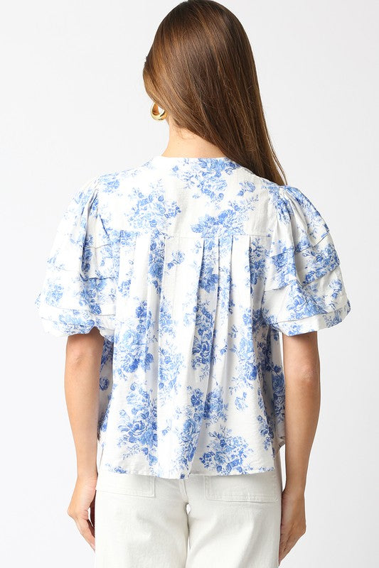 Cecily Floral Top in Blue/White