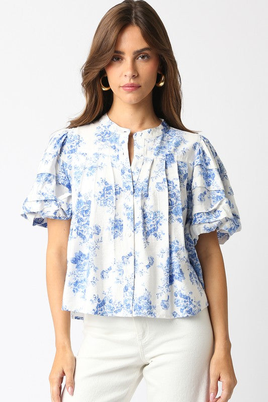 Cecily Floral Top in Blue/White