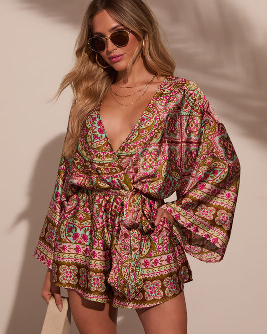 Rhegen Satin Floral Paisley Romper