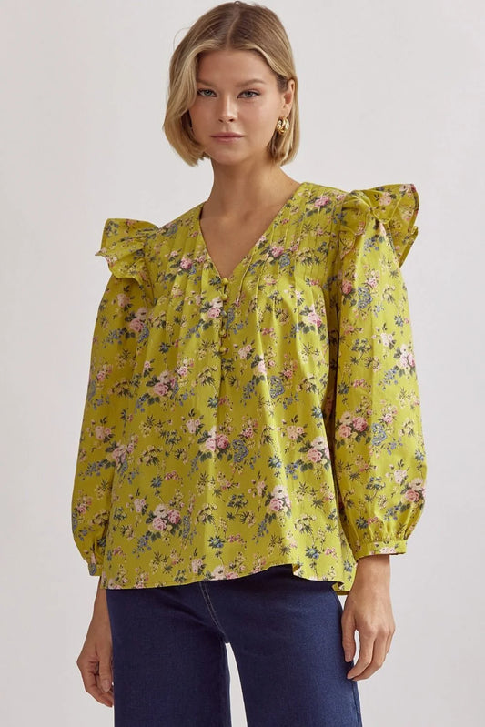 Lucienne Floral Ruffle Top in Chartreuse