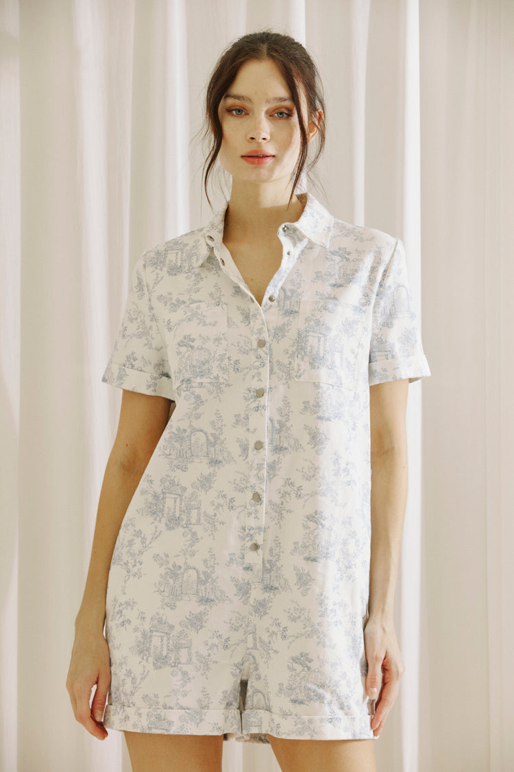 Garden Party Chinoiserie Denim Romper in Blue/White