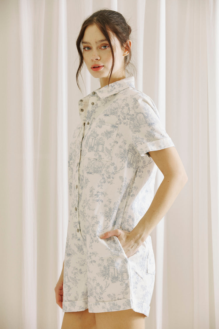 Garden Party Chinoiserie Denim Romper in Blue/White