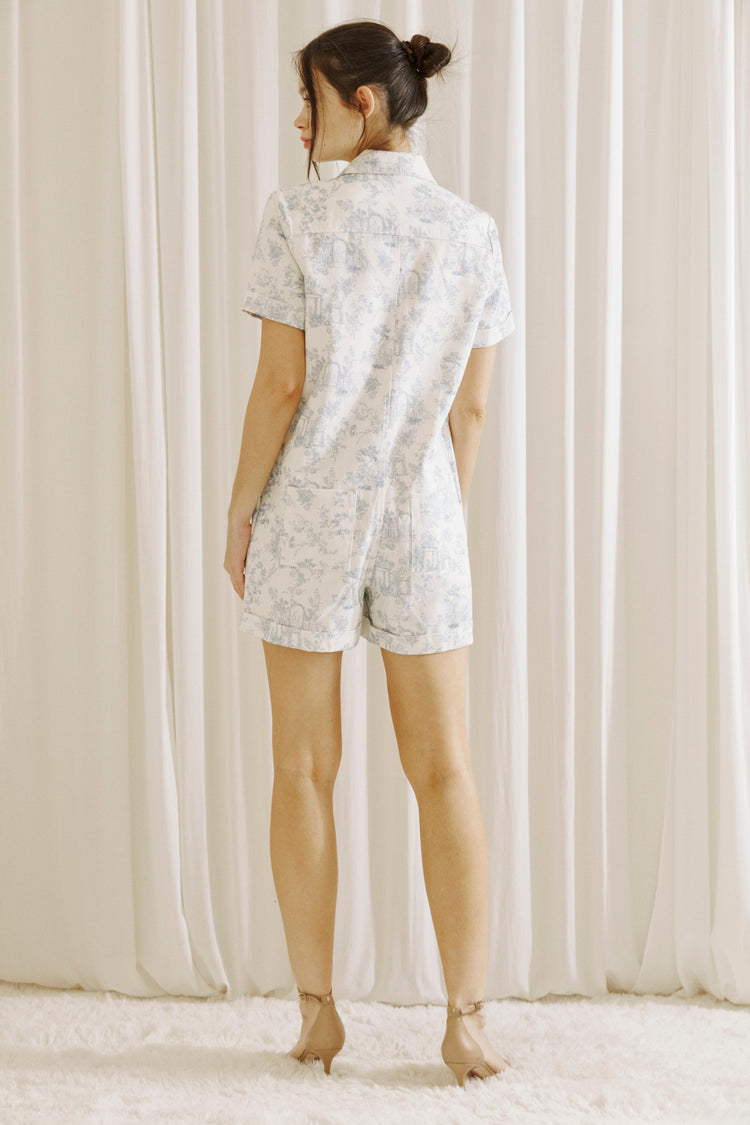 Garden Party Chinoiserie Denim Romper in Blue/White