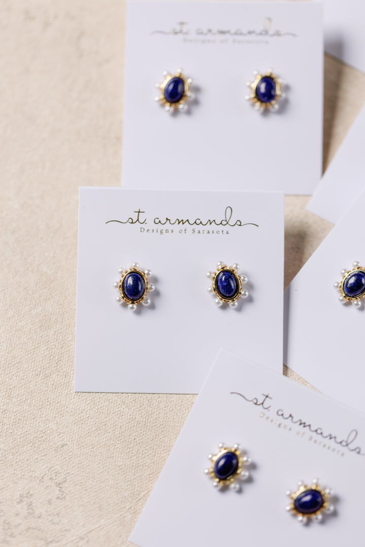 Blue Lapis Pearl Oval Stud Earrings | St. Armands Designs