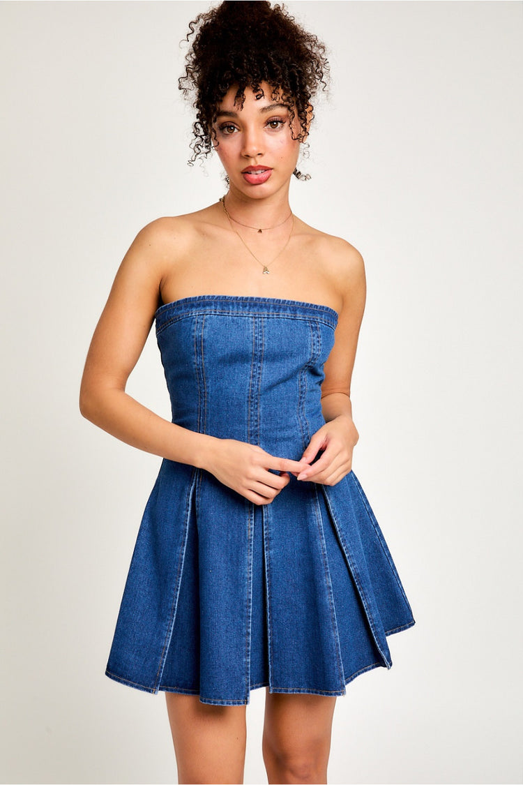 Maribeth Pleated Strapless Denim Dress