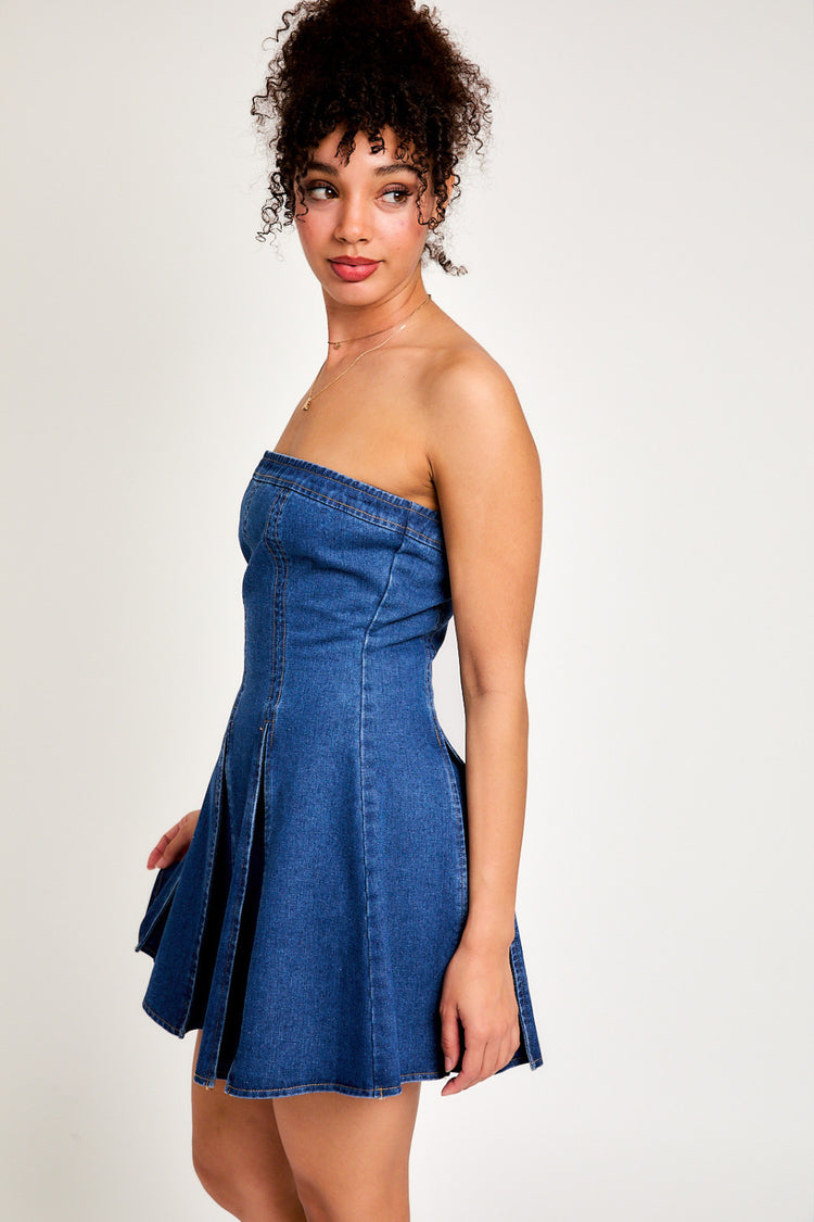 Maribeth Pleated Strapless Denim Dress