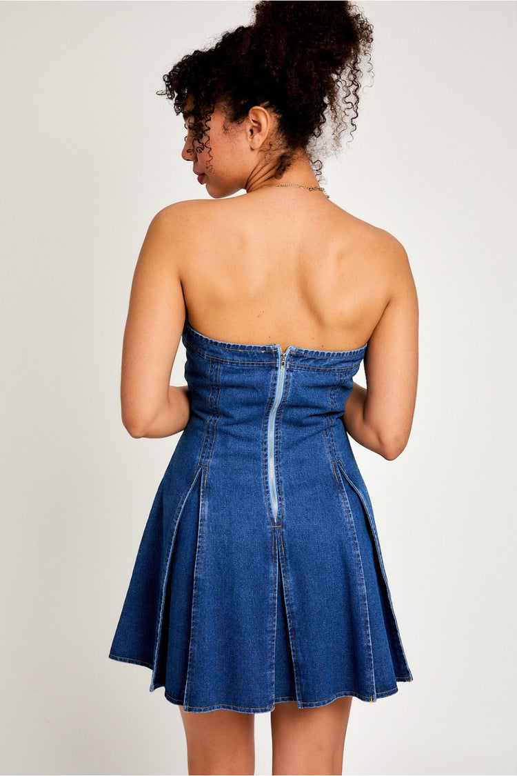 Maribeth Pleated Strapless Denim Dress