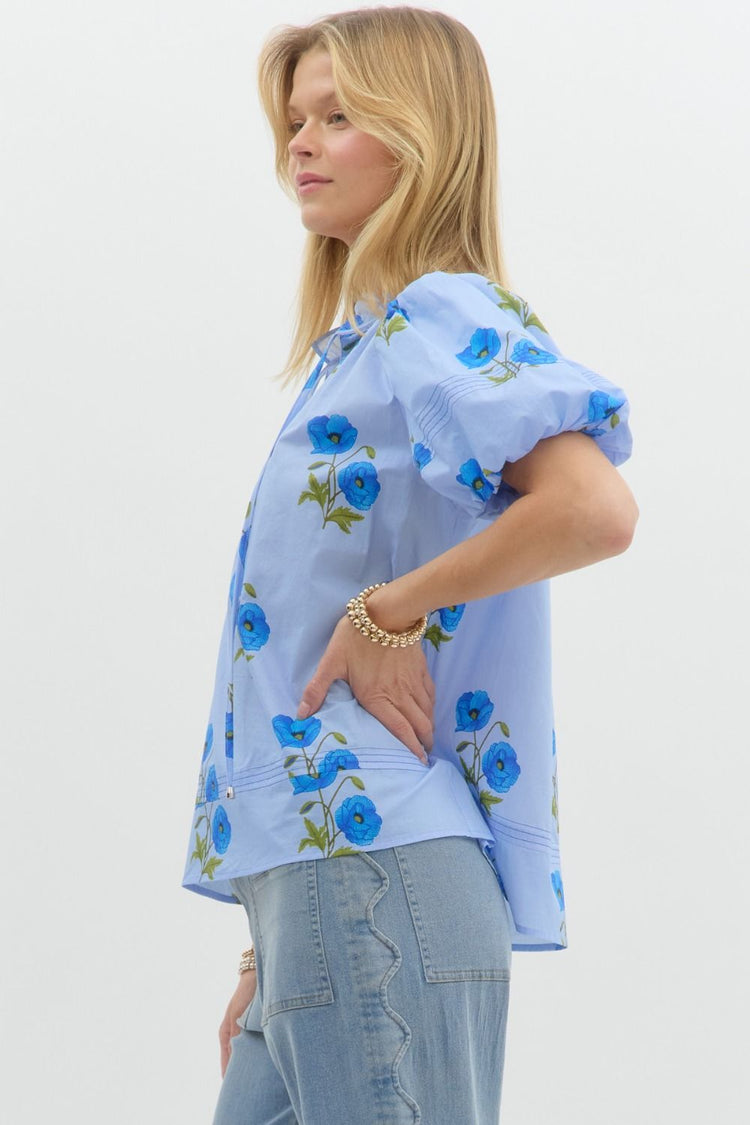 Camilla Floral Puff Sleeve Top in Blue