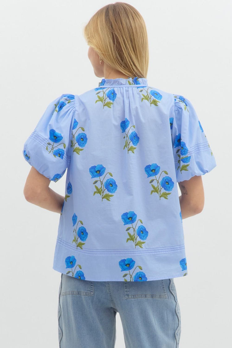 Camilla Floral Puff Sleeve Top in Blue