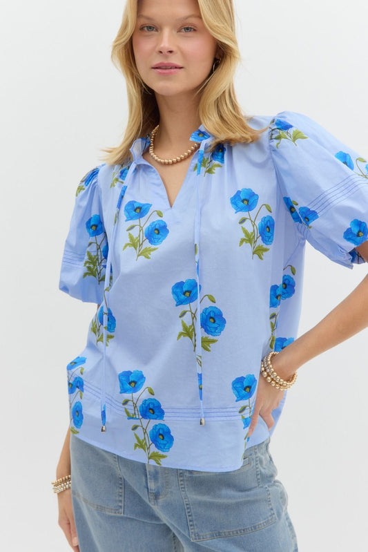 Camilla Floral Puff Sleeve Top in Blue